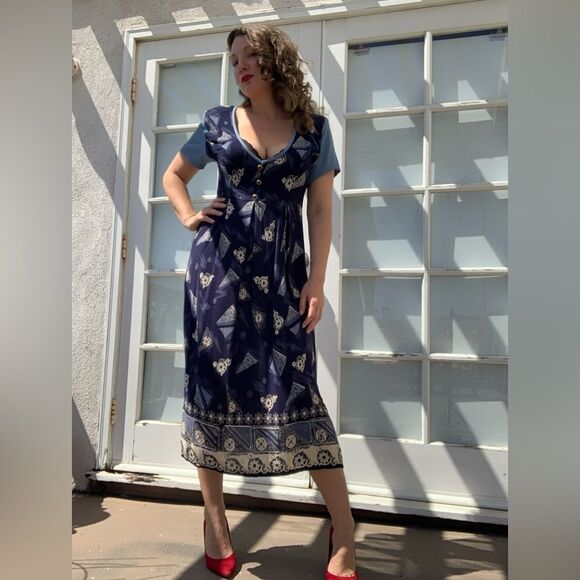 ELAINE SEINFELD BLOSSOM Blue Navy 90s Maxi Dress Geo Floral Print - Picture 1 of 8
